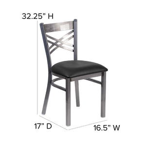 English Elm HERCULES Silver Antique Finish Metal Restaurant Chair with Classic X Back Design for Comfort & Style Black Vinyl Seat/Clear Coated Metal Frame XU-6FOB-CLR-BLKV-GG