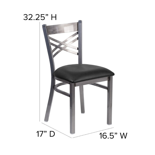 English Elm HERCULES Silver Antique Finish Metal Restaurant Chair with Classic X Back Design for Comfort & Style Black Vinyl Seat/Clear Coated Metal Frame XU-6FOB-CLR-BLKV-GG