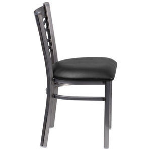 English Elm HERCULES Silver Antique Finish Metal Restaurant Chair with Classic X Back Design for Comfort & Style Black Vinyl Seat/Clear Coated Metal Frame XU-6FOB-CLR-BLKV-GG