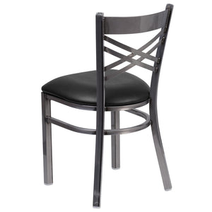 English Elm HERCULES Silver Antique Finish Metal Restaurant Chair with Classic X Back Design for Comfort & Style Black Vinyl Seat/Clear Coated Metal Frame XU-6FOB-CLR-BLKV-GG