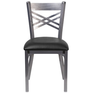 English Elm HERCULES Silver Antique Finish Metal Restaurant Chair with Classic X Back Design for Comfort & Style Black Vinyl Seat/Clear Coated Metal Frame XU-6FOB-CLR-BLKV-GG