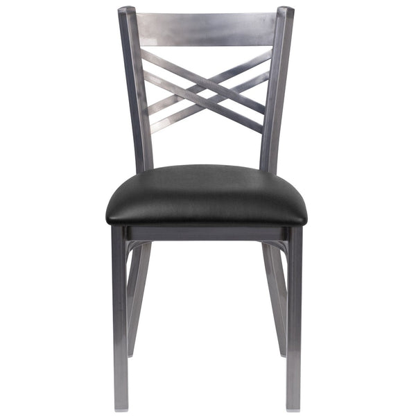 English Elm HERCULES Silver Antique Finish Metal Restaurant Chair with Classic X Back Design for Comfort & Style Black Vinyl Seat/Clear Coated Metal Frame XU-6FOB-CLR-BLKV-GG