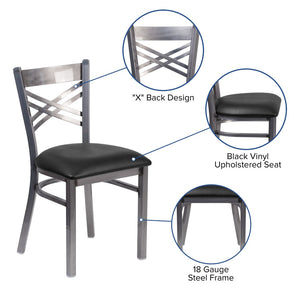 English Elm HERCULES Silver Antique Finish Metal Restaurant Chair with Classic X Back Design for Comfort & Style Black Vinyl Seat/Clear Coated Metal Frame XU-6FOB-CLR-BLKV-GG