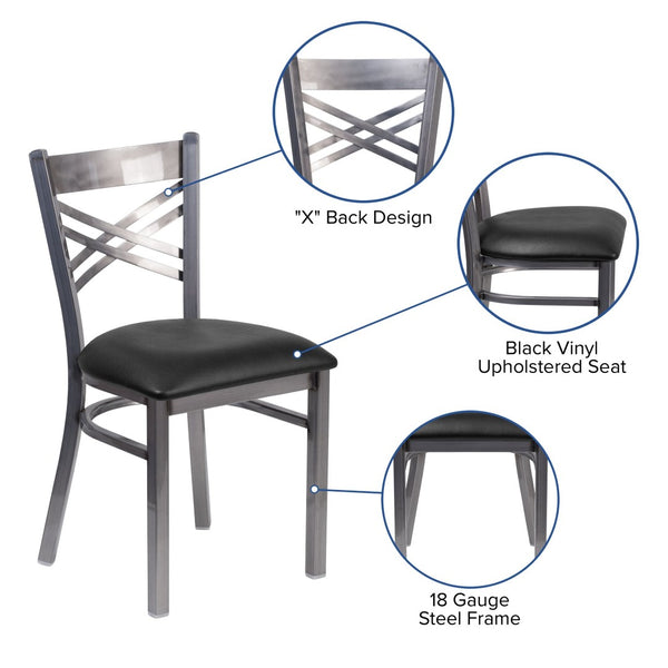 English Elm HERCULES Silver Antique Finish Metal Restaurant Chair with Classic X Back Design for Comfort & Style Black Vinyl Seat/Clear Coated Metal Frame XU-6FOB-CLR-BLKV-GG