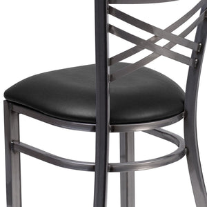 English Elm HERCULES Silver Antique Finish Metal Restaurant Chair with Classic X Back Design for Comfort & Style Black Vinyl Seat/Clear Coated Metal Frame XU-6FOB-CLR-BLKV-GG