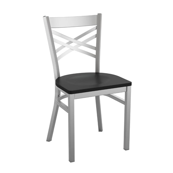 English Elm HERCULES Series Silver Antique Finish Metal Restaurant Chair with Classic "X" Back for Stylish Dining Black Wood Seat/Clear Coated Metal Frame XU-6FOB-CLR-BLKW-GG