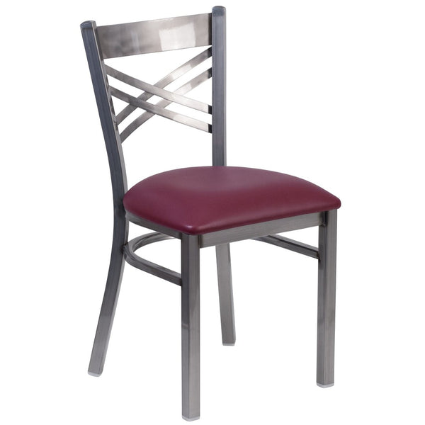 English Elm HERCULES Silver Antique Finish Metal Restaurant Chair with Classic X Back Design for Comfort & Style Burgundy Vinyl Seat/Clear Coated Metal Frame XU-6FOB-CLR-BURV-GG