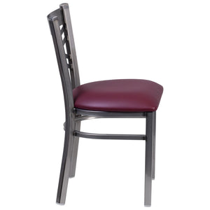 English Elm HERCULES Silver Antique Finish Metal Restaurant Chair with Classic X Back Design for Comfort & Style Burgundy Vinyl Seat/Clear Coated Metal Frame XU-6FOB-CLR-BURV-GG