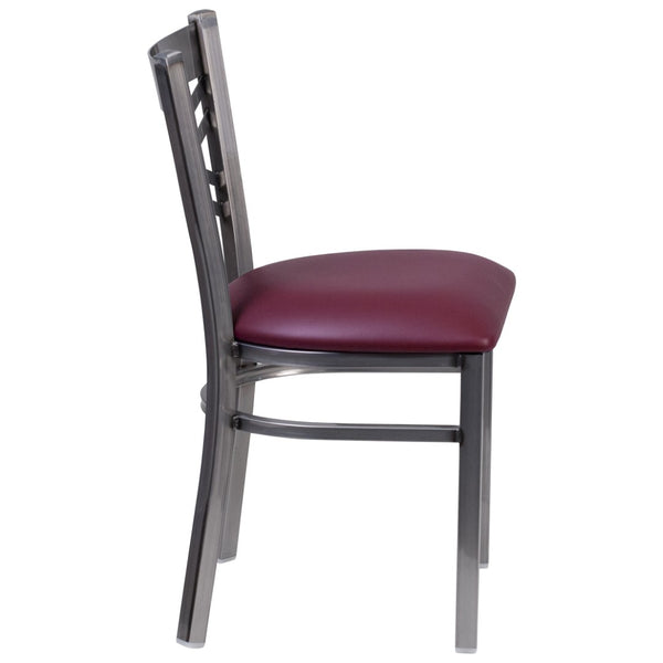 English Elm HERCULES Silver Antique Finish Metal Restaurant Chair with Classic X Back Design for Comfort & Style Burgundy Vinyl Seat/Clear Coated Metal Frame XU-6FOB-CLR-BURV-GG