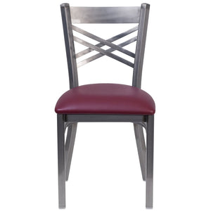 English Elm HERCULES Silver Antique Finish Metal Restaurant Chair with Classic X Back Design for Comfort & Style Burgundy Vinyl Seat/Clear Coated Metal Frame XU-6FOB-CLR-BURV-GG