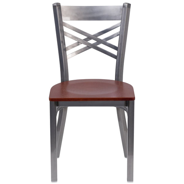 English Elm HERCULES Silver Antique Finish Metal Restaurant Chair with Classic X Back Design for Comfort & Style Cherry Wood Seat/Clear Coated Metal Frame XU-6FOB-CLR-CHYW-GG