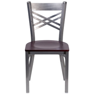 English Elm HERCULES Silver Antique Finish Metal Restaurant Chair with Classic X Back Design for Comfort & Style Mahogany Wood Seat/Clear Coated Metal Frame XU-6FOB-CLR-MAHW-GG