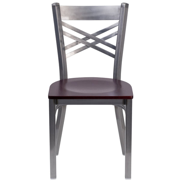English Elm HERCULES Silver Antique Finish Metal Restaurant Chair with Classic X Back Design for Comfort & Style Mahogany Wood Seat/Clear Coated Metal Frame XU-6FOB-CLR-MAHW-GG