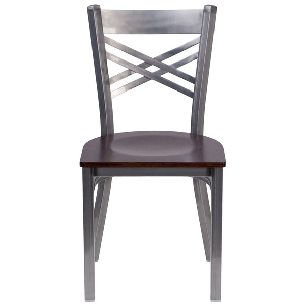 English Elm HERCULES Silver Antique Finish Metal Restaurant Chair with Classic X Back Design for Comfort & Style Walnut Wood Seat/Clear Coated Metal Frame XU-6FOB-CLR-WALW-GG