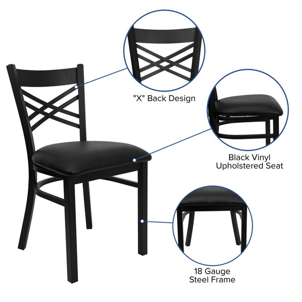 English Elm HERCULES Series Metal "X" Back Chair - Durable, Comfortable Design for Restaurants and Home Dining Spaces Black Vinyl Seat/Black Metal Frame XU-6FOBXBK-BLKV-GG