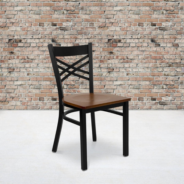 English Elm HERCULES Series Metal "X" Back Chair - Durable, Comfortable Design for Restaurants and Home Dining Spaces Cherry Wood Seat/Black Metal Frame XU-6FOBXBK-CHYW-GG