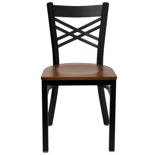 English Elm HERCULES Series Metal "X" Back Chair - Durable, Comfortable Design for Restaurants and Home Dining Spaces Cherry Wood Seat/Black Metal Frame XU-6FOBXBK-CHYW-GG