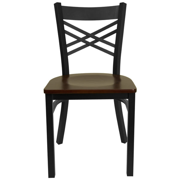 English Elm HERCULES Series Metal "X" Back Chair - Durable, Comfortable Design for Restaurants and Home Dining Spaces Mahogany Wood Seat/Black Metal Frame XU-6FOBXBK-MAHW-GG