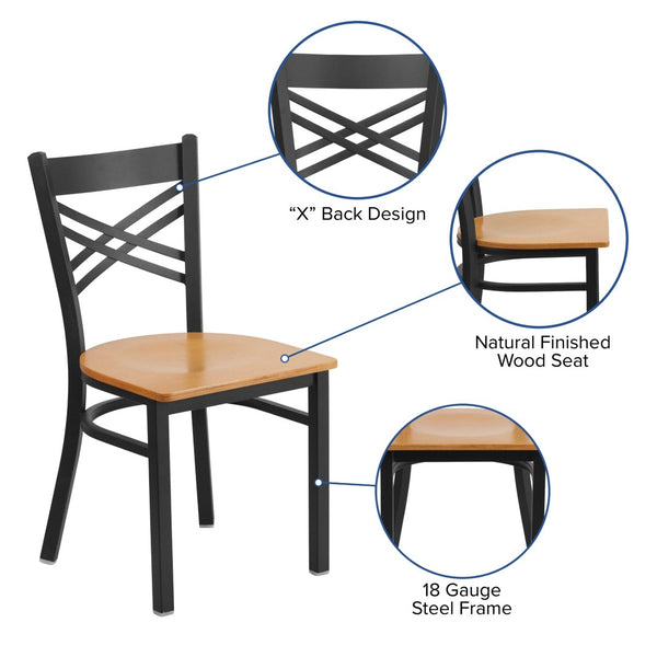 English Elm HERCULES Series Metal "X" Back Chair - Durable, Comfortable Design for Restaurants and Home Dining Spaces Natural Wood Seat/Black Metal Frame XU-6FOBXBK-NATW-GG