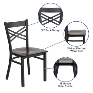 English Elm HERCULES Series Metal "X" Back Chair - Durable, Comfortable Design for Restaurants and Home Dining Spaces Walnut Wood Seat/Black Metal Frame XU-6FOBXBK-WALW-GG