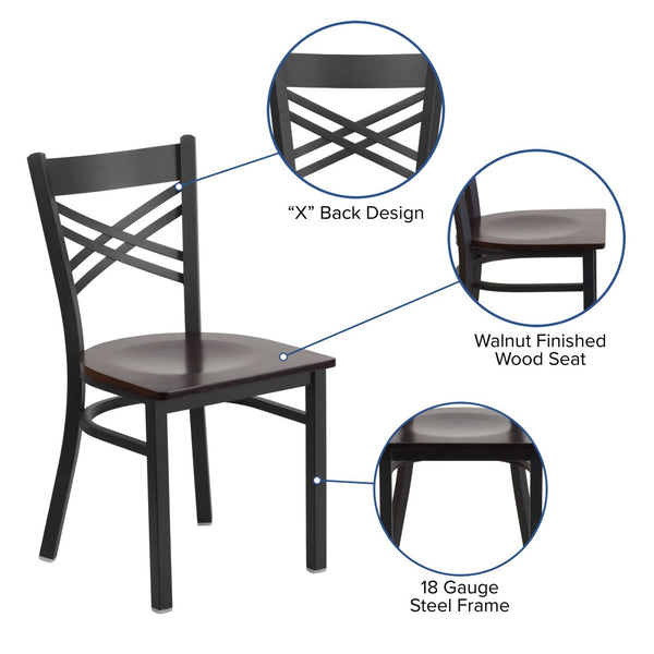 English Elm HERCULES Series Metal "X" Back Chair - Durable, Comfortable Design for Restaurants and Home Dining Spaces Walnut Wood Seat/Black Metal Frame XU-6FOBXBK-WALW-GG