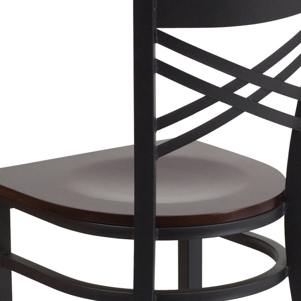 English Elm HERCULES Series Metal "X" Back Chair - Durable, Comfortable Design for Restaurants and Home Dining Spaces Walnut Wood Seat/Black Metal Frame XU-6FOBXBK-WALW-GG