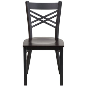 English Elm HERCULES Series Metal "X" Back Chair - Durable, Comfortable Design for Restaurants and Home Dining Spaces Walnut Wood Seat/Black Metal Frame XU-6FOBXBK-WALW-GG