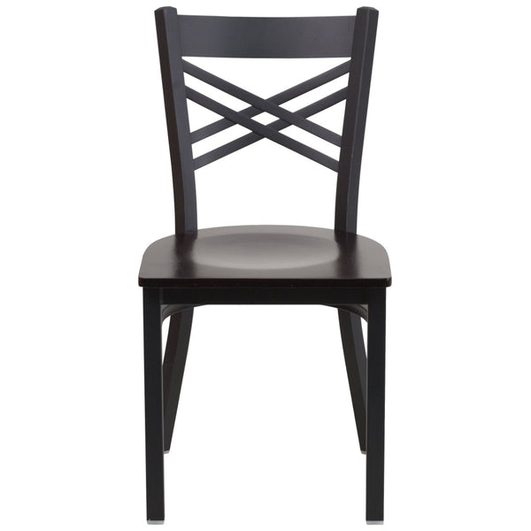 English Elm HERCULES Series Metal "X" Back Chair - Durable, Comfortable Design for Restaurants and Home Dining Spaces Walnut Wood Seat/Black Metal Frame XU-6FOBXBK-WALW-GG