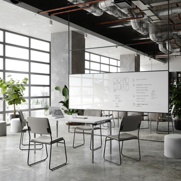 English Elm HERCULES 500 lb. Capacity Durable High-Density Stacking Chair for Versatile Commercial Use Gray Vinyl/Black Frame XU-8700-GRY-B-VYL-30-GG