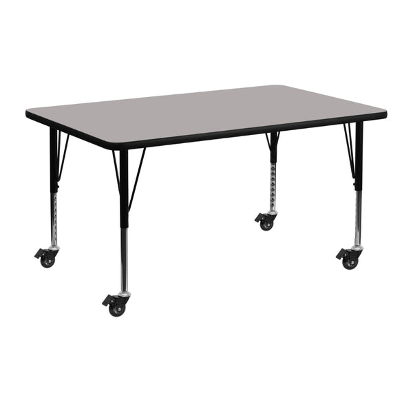 English Elm Wren Mobile Rectangular Activity Table - Durable, Height Adjustable for Kids' Group Learning Fun Gray 24"W x 48"L XU-A2448-REC-GY-H-P-CAS-GG