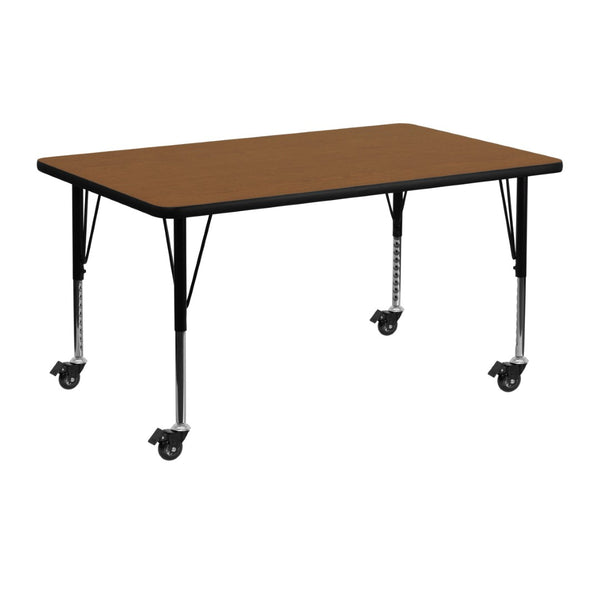 English Elm Wren Mobile Rectangular Activity Table - Durable, Height Adjustable for Kids' Group Learning Fun Oak 24"W x 48"L XU-A2448-REC-OAK-H-P-CAS-GG
