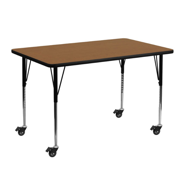 English Elm Wren Mobile Rectangular Activity Table with Height Adjustable Legs - Durable, Stylish & Versatile Workspace Oak 24"W x 48"L XU-A2448-REC-OAK-T-A-CAS-GG