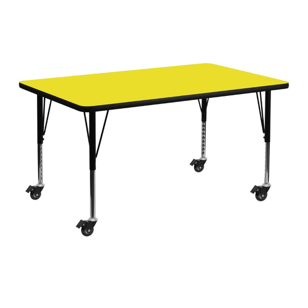 English Elm Wren Mobile Rectangular Activity Table - Durable, Height Adjustable for Kids' Group Learning Fun Yellow 24"W x 48"L XU-A2448-REC-YEL-H-P-CAS-GG
