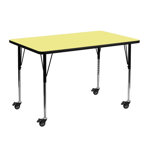 English Elm Wren Mobile Rectangular Activity Table with Height Adjustable Legs - Durable, Stylish & Versatile Workspace Yellow 24"W x 48"L XU-A2448-REC-YEL-T-A-CAS-GG