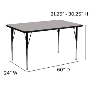 English Elm Wren Rectangular Activity Table with Adjustable Height Legs for Versatile Collaborative Spaces Gray 24"W x 60"L XU-A2460-REC-GY-H-A-GG