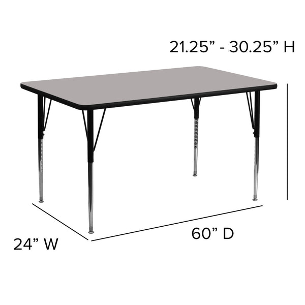 English Elm Wren Rectangular Activity Table with Adjustable Height Legs for Versatile Collaborative Spaces Gray 24"W x 60"L XU-A2460-REC-GY-H-A-GG
