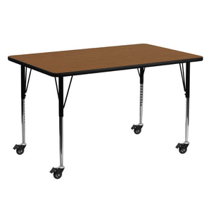 English Elm Wren Mobile Rectangular Activity Table with Height Adjustable Legs for Classrooms and Makerspaces Oak 24"W x 60"L XU-A2460-REC-OAK-H-A-CAS-GG