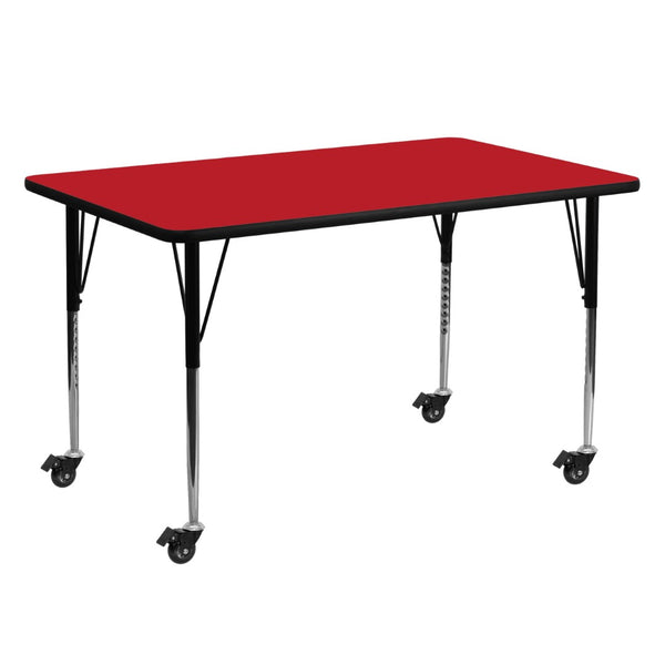 English Elm Wren Mobile Rectangular Activity Table with Height Adjustable Legs for Classrooms and Makerspaces Red 24"W x 60"L XU-A2460-REC-RED-H-A-CAS-GG