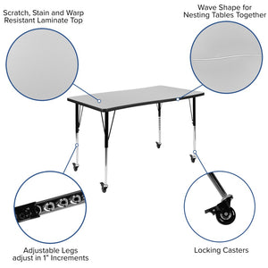 English Elm Wren Mobile Rectangle Wave Activity Table for Collaborative Spaces with Adjustable Height & Locking Casters Grey 28"W x 47.5"L XU-A3048-CON-GY-T-A-CAS-GG