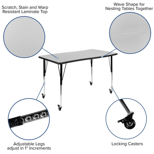 English Elm Wren Mobile Rectangle Wave Activity Table for Collaborative Spaces with Adjustable Height & Locking Casters Grey 28"W x 47.5"L XU-A3048-CON-GY-T-A-CAS-GG