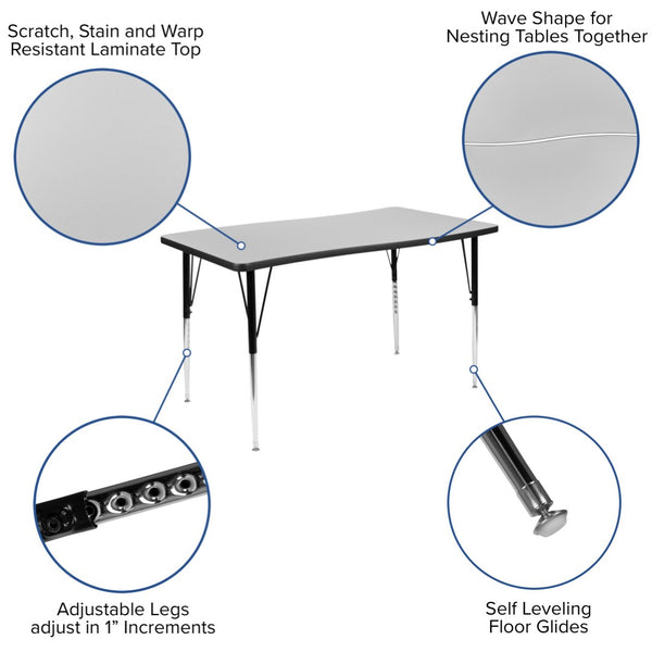 English Elm Wren Collaborative Wave Activity Table for Classrooms and Offices - Durable, Adjustable, Modern Design Grey 28"W x 47.5"L XU-A3048-CON-GY-T-A-GG