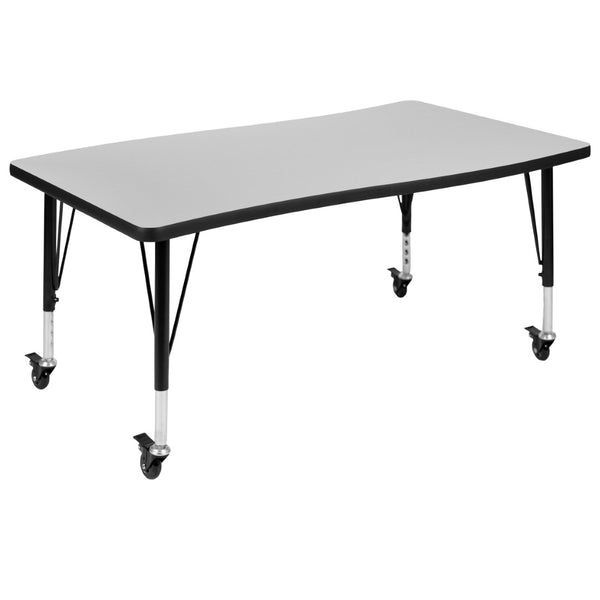 English Elm Wren Mobile Rectangle Wave Activity Table for Flexible Learning Spaces - Durable & Height Adjustable Grey 28"W x 47.5"L XU-A3048-CON-GY-T-P-CAS-GG