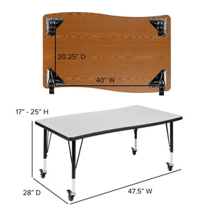English Elm Wren Mobile Rectangle Wave Activity Table for Flexible Learning Spaces - Durable & Height Adjustable Grey 28"W x 47.5"L XU-A3048-CON-GY-T-P-CAS-GG
