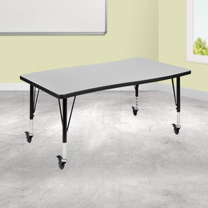English Elm Wren Mobile Rectangle Wave Activity Table for Flexible Learning Spaces - Durable & Height Adjustable Grey 28"W x 47.5"L XU-A3048-CON-GY-T-P-CAS-GG