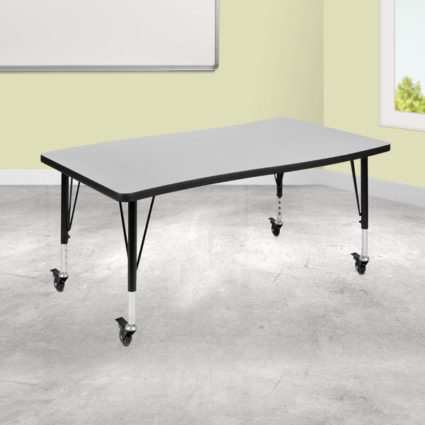 English Elm Wren Mobile Rectangle Wave Activity Table for Flexible Learning Spaces - Durable & Height Adjustable Grey 28"W x 47.5"L XU-A3048-CON-GY-T-P-CAS-GG