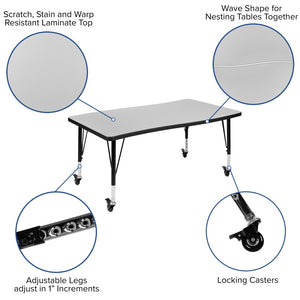English Elm Wren Mobile Rectangle Wave Activity Table for Flexible Learning Spaces - Durable & Height Adjustable Grey 28"W x 47.5"L XU-A3048-CON-GY-T-P-CAS-GG