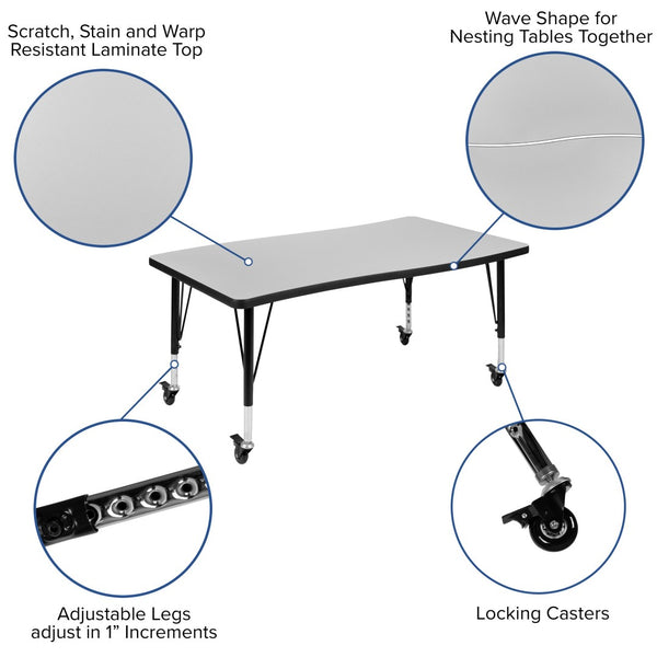 English Elm Wren Mobile Rectangle Wave Activity Table for Flexible Learning Spaces - Durable & Height Adjustable Grey 28"W x 47.5"L XU-A3048-CON-GY-T-P-CAS-GG