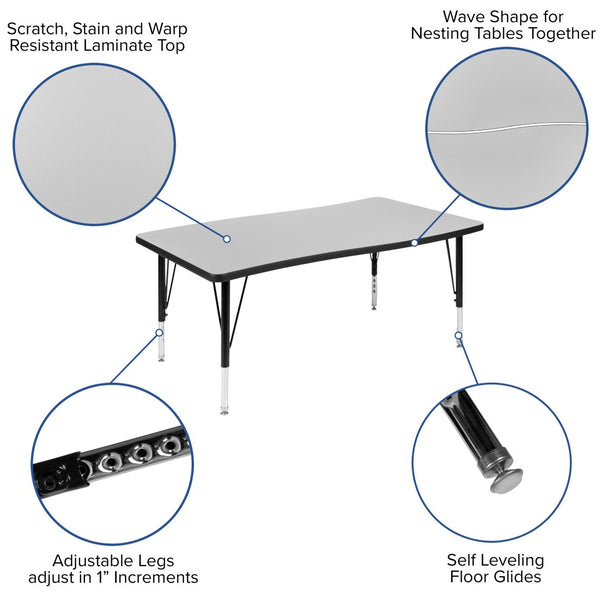 English Elm Wren Rectangle Wave Flexible Activity Table for Collaborative Learning Spaces - Adjustable Height Design Grey 28"W x 47.5"L XU-A3048-CON-GY-T-P-GG