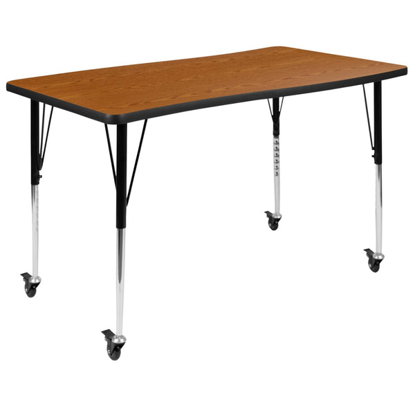 English Elm Wren Mobile Rectangle Wave Activity Table for Collaborative Spaces with Adjustable Height & Locking Casters Oak 28"W x 47.5"L XU-A3048-CON-OAK-T-A-CAS-GG