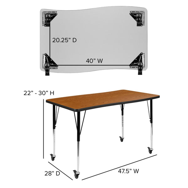 English Elm Wren Mobile Rectangle Wave Activity Table for Collaborative Spaces with Adjustable Height & Locking Casters Oak 28"W x 47.5"L XU-A3048-CON-OAK-T-A-CAS-GG